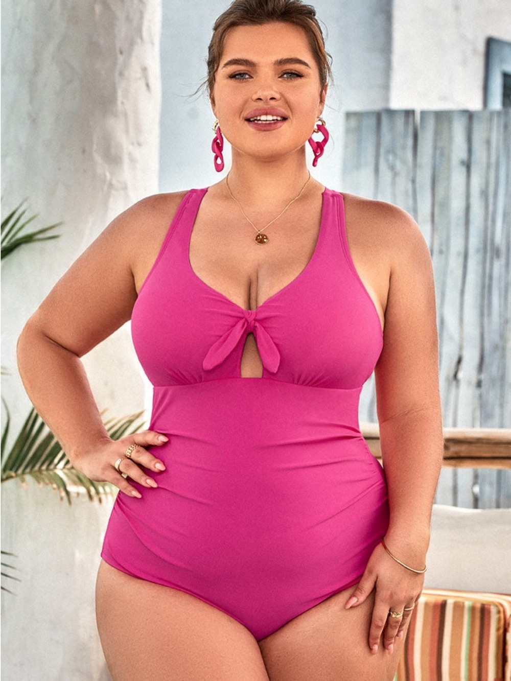 Cupshe Plus Size Hot Pink One-Piece Swimsuit with Front Tie NWT 3X